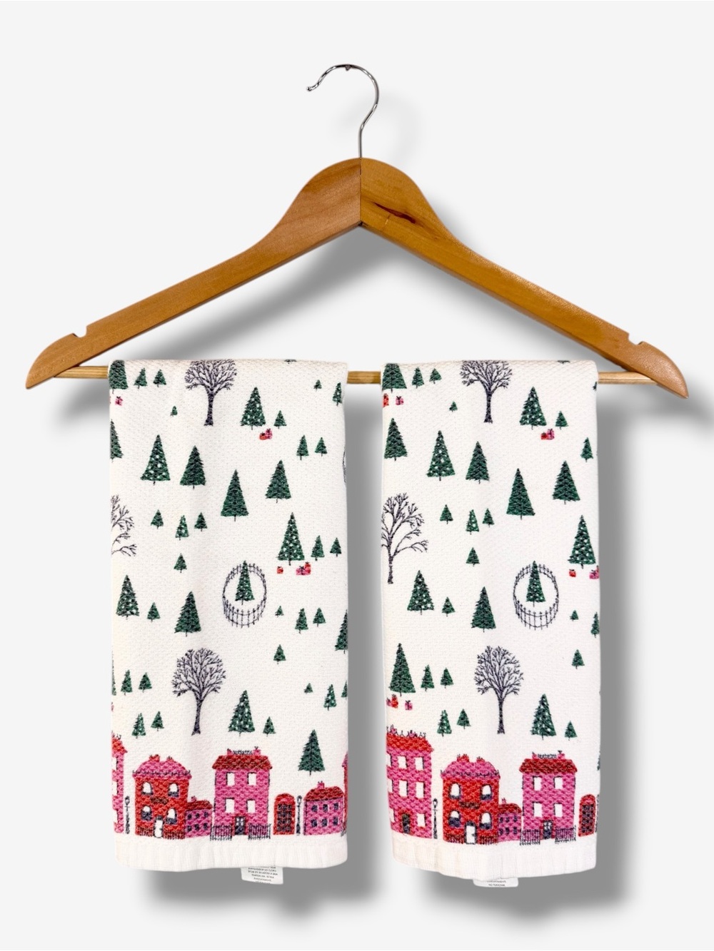 Kate Spade Christmas Hand Towels Set of 2 White Pink Village Tree Print Cotton